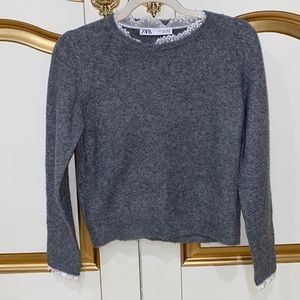 Zara Grey Sweater w/ White lace frill hem on neck and sleeves